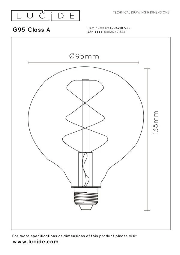 Lucide G95 Class A - Filament bulb - Ø 9,5 cm - LED - E27 - 1x7W 2700K - Transparant - technical